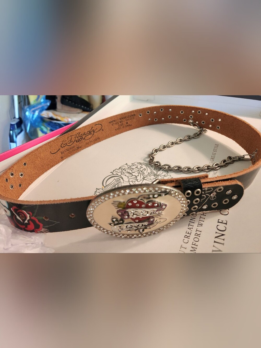 Y2K Don ED HARDY w CHAIN Tattoo Leather BELT Heart  Glitzy Buckle Black Floral M